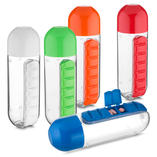 SQUEEZE PLÁSTICO 700 ML COM PORTA COMPRIMIDOS